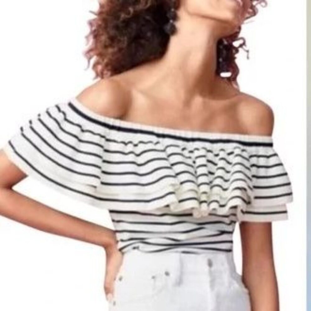 J. Crew Selena Blue White Knit Strip Off Shoulder Ruffle Nautical Blouse Size S